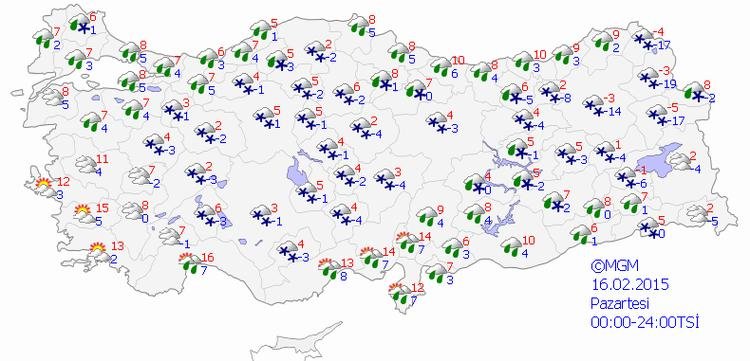16.02.2015 PAZARTESİ GÜNÜ HAVA TAHMİNİ